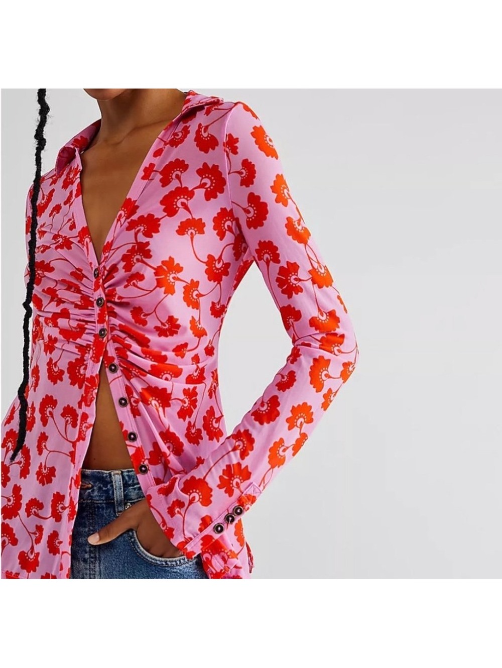 NWOT Free People Lucky Shirtee Floral Ruched Button-Front Top Size Small